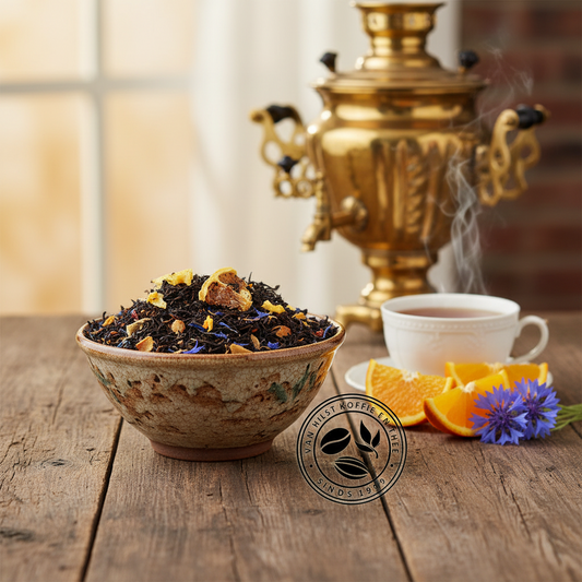 AI gegnereerd beeld van een schaal Oriental Earl Grey, met ernaast een kopje thee en sinaasappel en korenbleom ter decoratie. Op de achtergrond een samovaar.