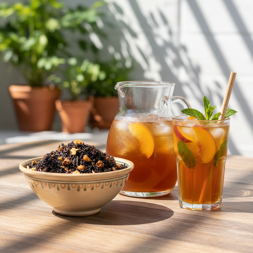 AI gegenereerd beeld van een kan ijsthee, een schaal zomerthee van Van Hilst Koffie en Thee, en een glas ijsthee met perzik en munt, op een zomers terras.