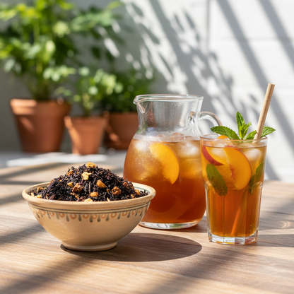 AI gegenereerd beeld van een kan ijsthee, een schaal zomerthee van Van Hilst Koffie en Thee, en een glas ijsthee met perzik en munt, op een zomers terras.