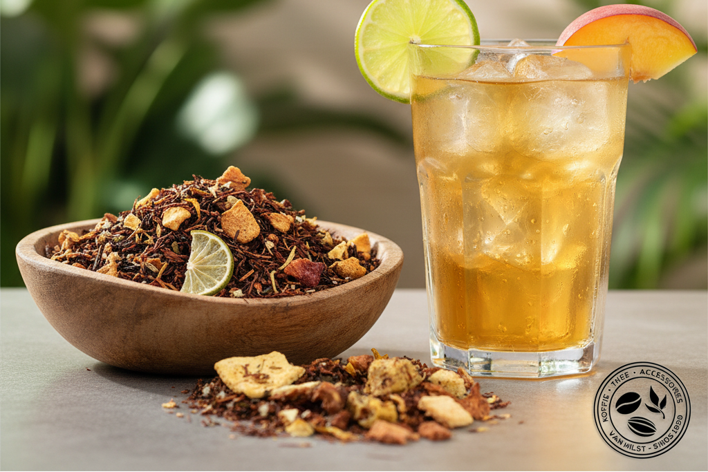 Een houten schaal met eenmelange van Rooibos, citrusvruchten en perzik. Ernaast een glas ijsthee met een schijfje limoen en een schijfje perzik.
