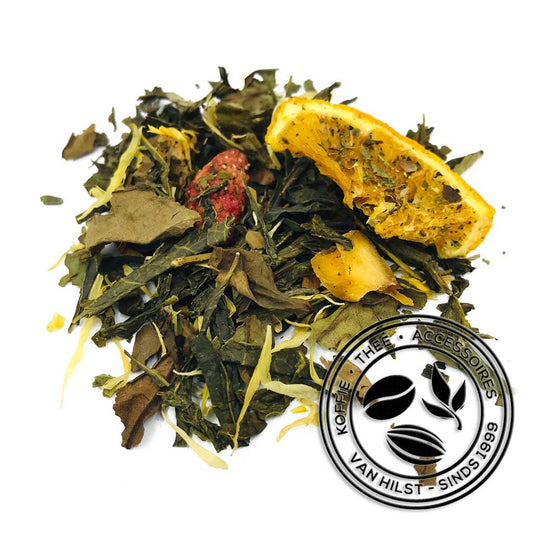 Fruitige combinatie van witte en groene thee, met verfrissend aroma van ananas, mango, aardbei en sinaasappel.
