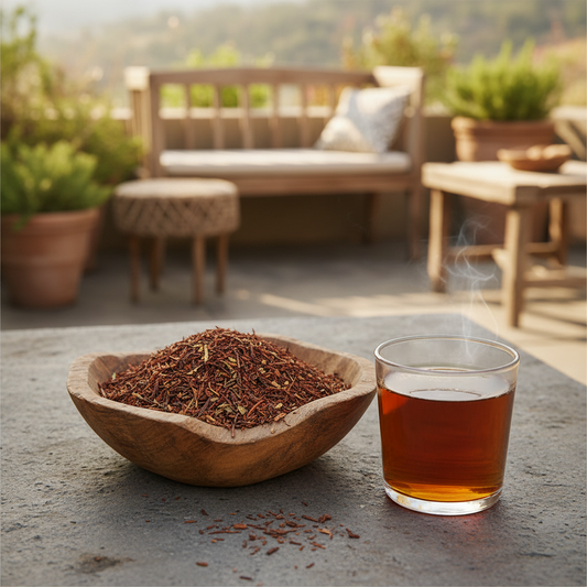 AI gegenereerd beeld van een schaal pure Rooibos en een glas thee ernaast.