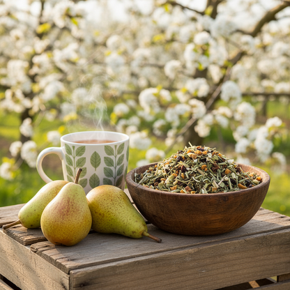 AI gegeneererd beel: Perenboomgaard met op de voorgrond: Toffe Peer melange van Van Hilst Koffie en Thee in een houten schaal op een fruitkist, met ernaast een paar peren en een mok thee. 