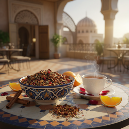 Gegenereerd beeld van een schaal met Rooibos Flower Fusion, een kopje thee en sinaasappel, kaneel en rozenblaadjes.