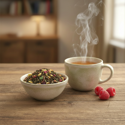 AI beeld van een kopje thee en een schaaltje Lucky Berry Kruidenmelange.