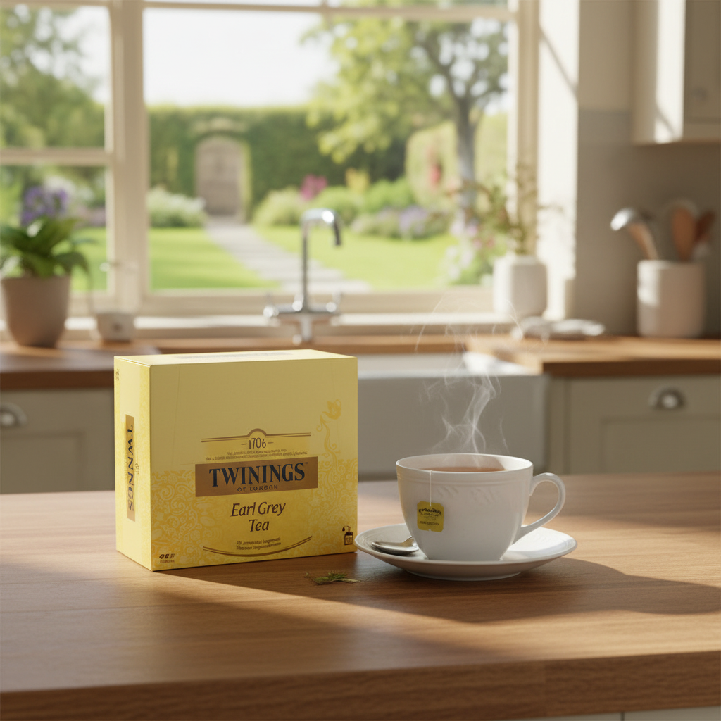 Doos Twinings Earl Grey zakjes met een witte kop thee, waarin een theezakje van Twinings, op een houten werkblad in een lichte Engelse keuken. Gegenereerd beeld.