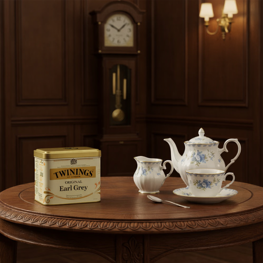 It's Tea Time: AI Gegeneerd beeld van een blikje Twinings Earl Grey in een klassiek Engels interieur.