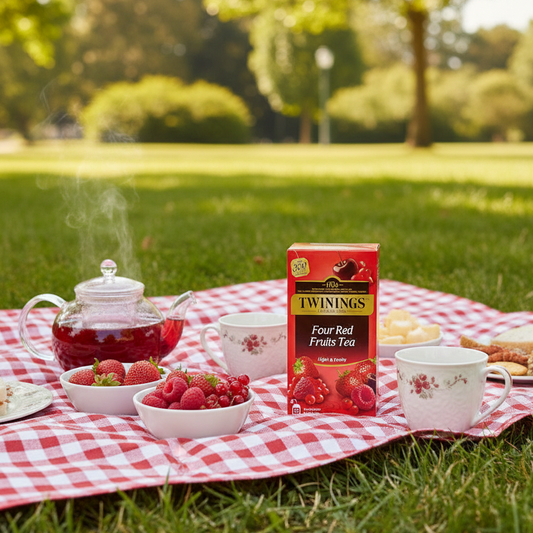Een pakje Twinings thee Four Red Fruits,  op een rood geblokt kleed met een pot thee, sandwiches en schaaltjes rode vruchten. Gegenereerd beeld.