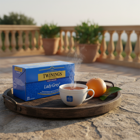 Doosje Twinings Lady Grey op een dienblad met een kopje thee en een sinaasappel. Buiten op een terras met ballustrade. Gegeneerd beeld.