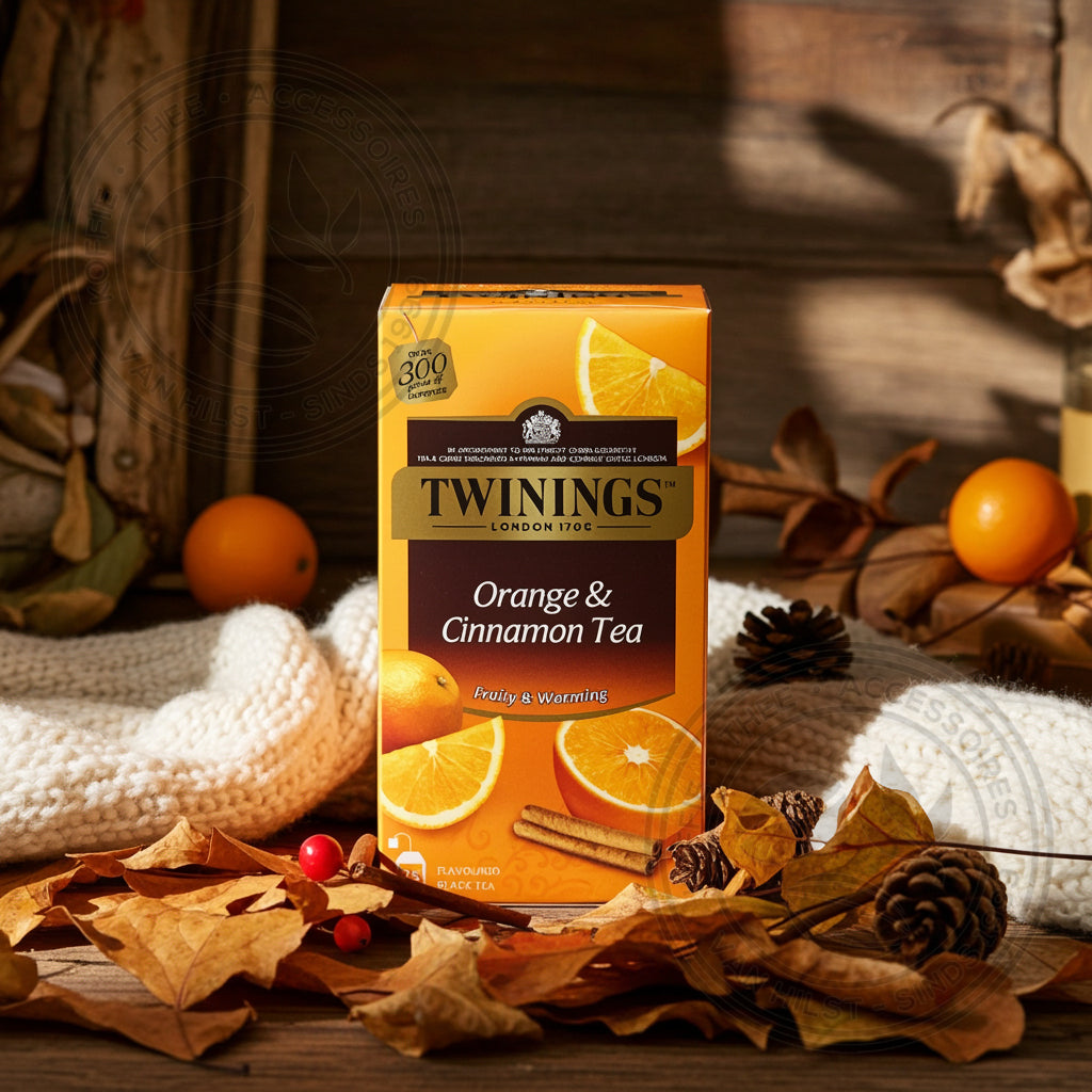 Twinings Sinaasappel & Kaneel thee, herfstige setting met witte sjaal en herfstblaadjes en denneappels.