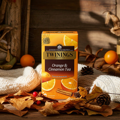 Twinings Sinaasappel & Kaneel thee, herfstige setting met witte sjaal en herfstblaadjes en denneappels.