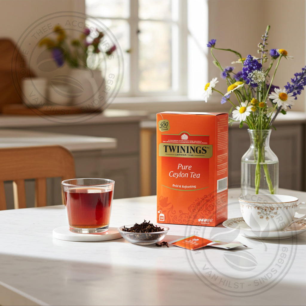 Keukentafel met kopje thee, een doosje Ceylonthee van Twinings en een vaas met een veldboeket bloemen.
