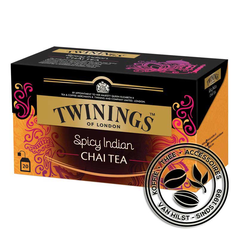 Twinings Spicy Indian Chai - Box with 20 teabags. Black and orange box with fuchsia coloured decoration.