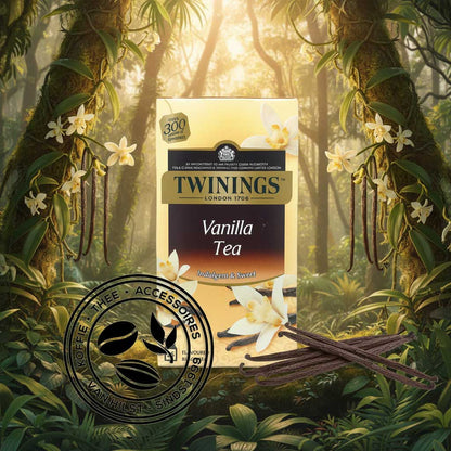 Doosje Twinings Vanillethee in een tropisch oerwoud met decoratie van vanillestokjes.