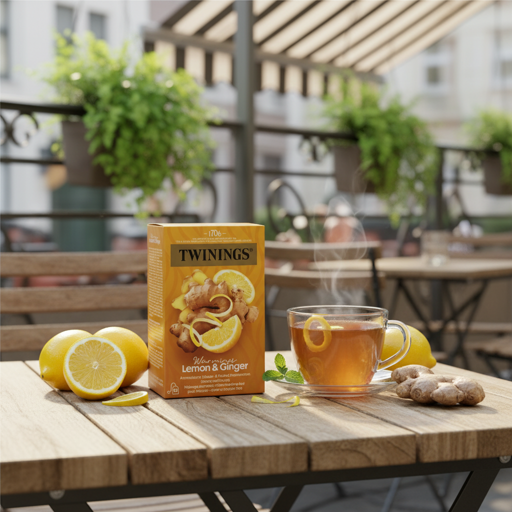 AI Gegeneerd beeld met een doosje Twinings Lemon & Ginger, stukken citroen en gember op een tafeltje op een zomer terras.