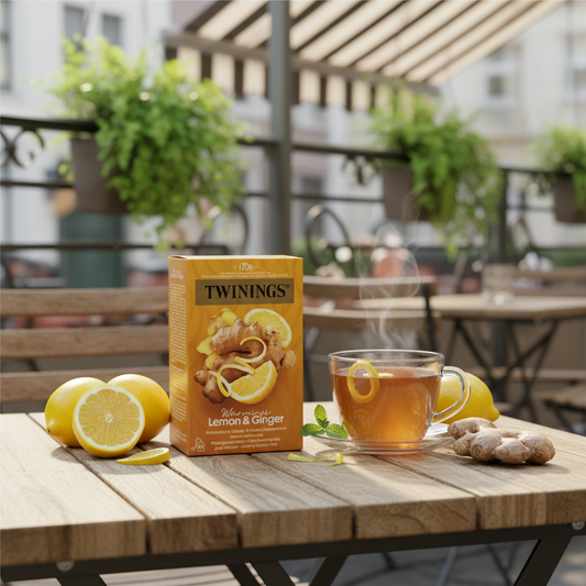 AI Gegeneerd beeld met een doosje Twinings Lemon & Ginger, stukken citroen en gember op een tafeltje op een zomer terras.