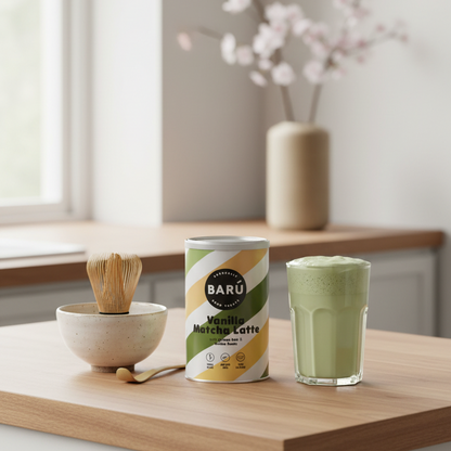 Barú Vanilla Matcha Latte: supermakkelijk en super lekker. Met vanille en tonkabonen. Beeld gegenereerd met AI.