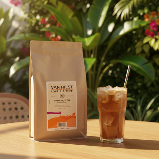 Gegenereerd beeld van een kilozak Zomerkoffie - blend van Braziliaanse en Ethiopische koffie. De koffie staat op een houten tafel  op een Braziliaans terras met een glas ijskoffie.