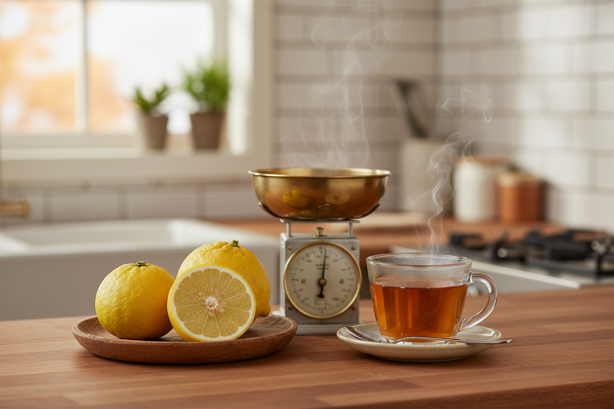 Bergamotcitroenen op een werkblad in de keuken met ernaast een glas hete Earl Grey thee.