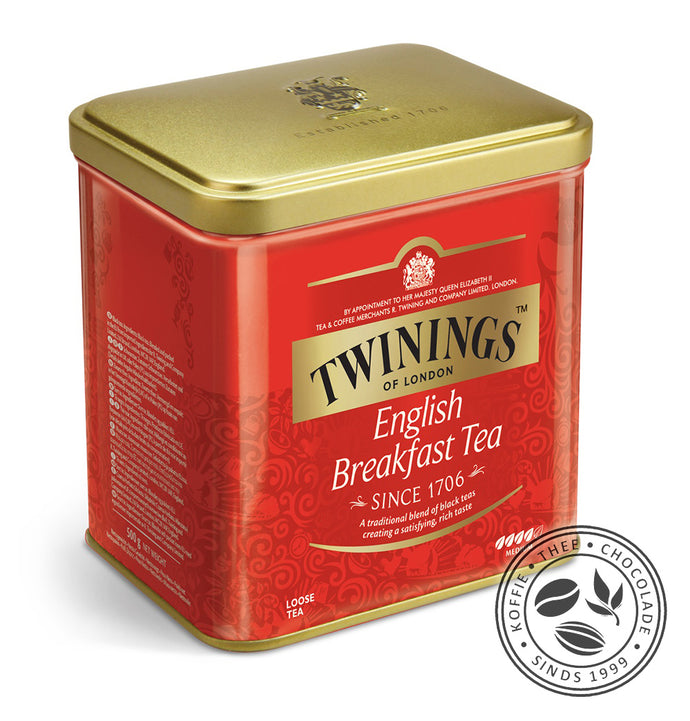 Rood theeblik van Twinings met als opdruk: Twinings of London,English Breakfast Tea, Since 1706, A traditional blend of black teas, creating a satisfying, rich taste, loose tea.