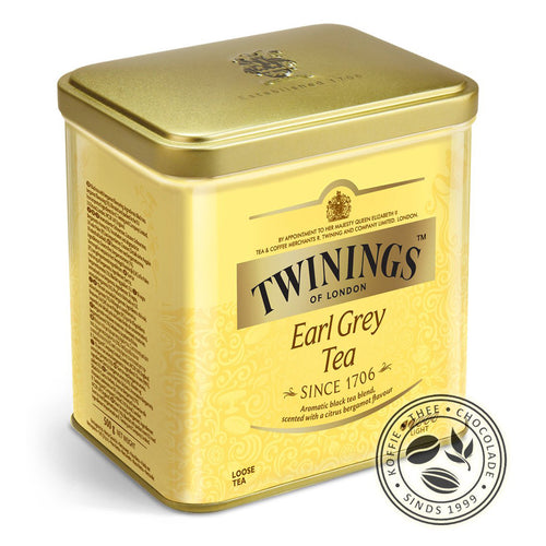 Groot geel theeblik (500 gram losse thee) van Twinings met als opdruk: Twinings of London, Earl Grey Tea, Since 1706, Aromatic black tea blend, scented with a citrus bergamot flavour, loose tea.