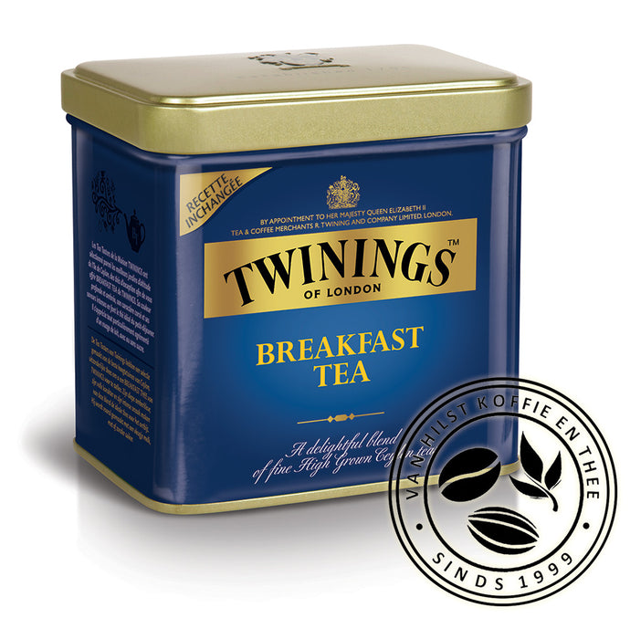 Twinings Breakfast Tea - Donkerblauw blikje met opdruk: Twinings of London, Breakfast Tea - A delightful blend of fine High Grown Ceylon tea.
