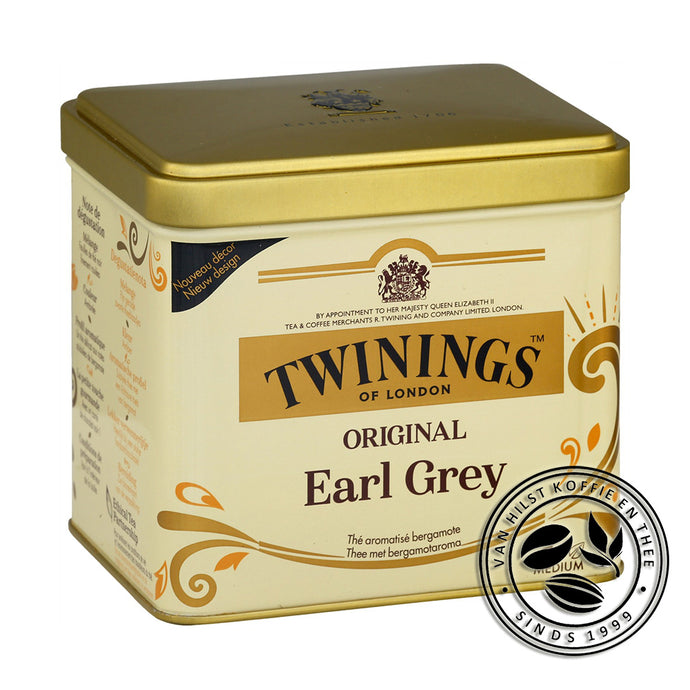 Twinings Earl Grey 200 gram - Geel blikje met opdruk: Twinings of London, Original Earl Grey, Thé aromatisé bergamote, Thee met bergamotaroma.