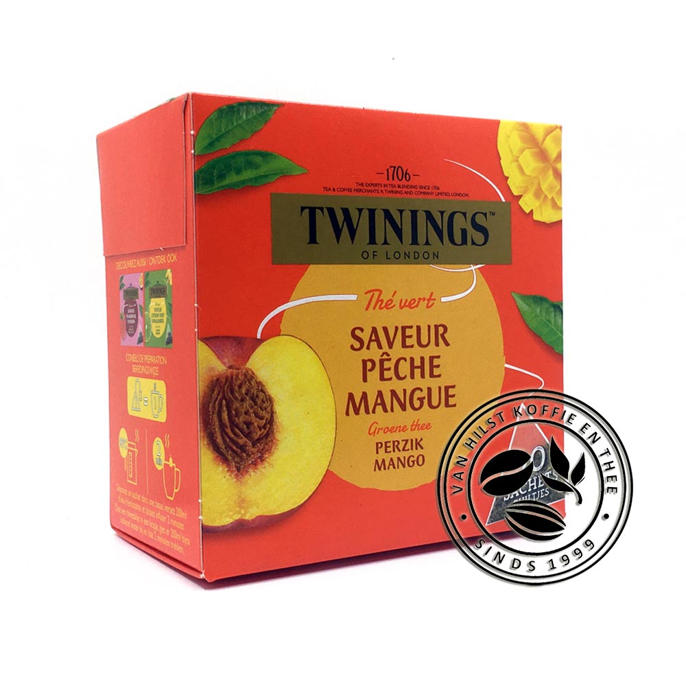 Twinings Perzik en Mango, Twinings of London Thé vert saveur pêche mangue / Groene thee perzik mango, 20 builtjes. Oranje doosje met afbeeldingen van perzik en mango.