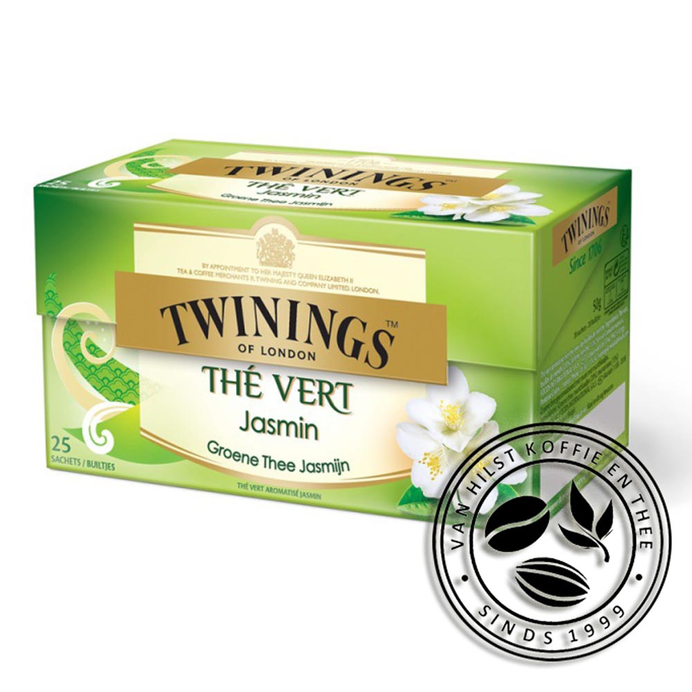 1 doosje Twinings groene thee met jasmijn. Groen doosje met afbeeldingen van witte jasmijnbloesem. Goudkleurig vlak met "Twinings of London". Opdruk van het doosje: Twinings of London, Thé vert Jasmin, Groene thee Jasmijn. 25 sachets / builtjes, Thé vert aromatisé Jasmin.