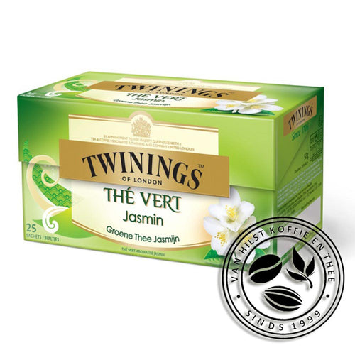 1 doosje Twinings groene thee met jasmijn. Groen doosje met afbeeldingen van witte jasmijnbloesem. Goudkleurig vlak met 