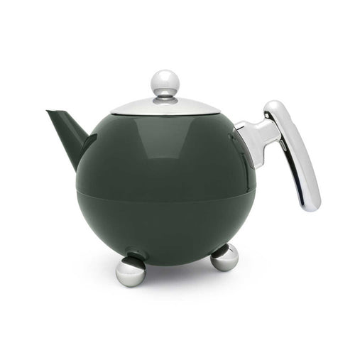 Ronde theepot met verchroomd deksel, handgreep en pootjes. Bredemeijer Bella Ronde Dark Green, 1.2 l Teapot.