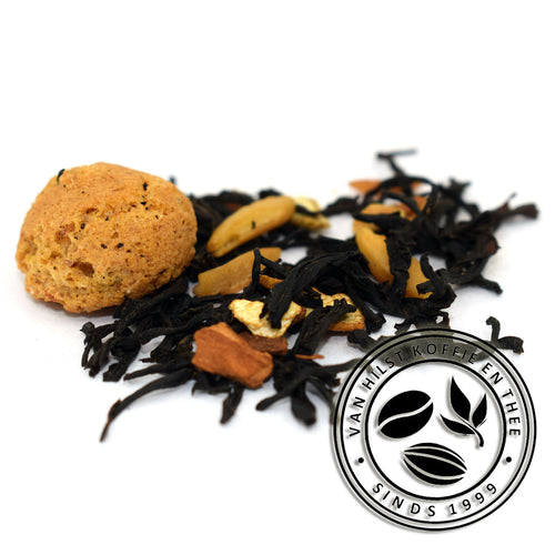 Zwarte thee met AMARETTINI, cassiaschors, AMANDELschaafsel, sinaasappelschil, aroma.