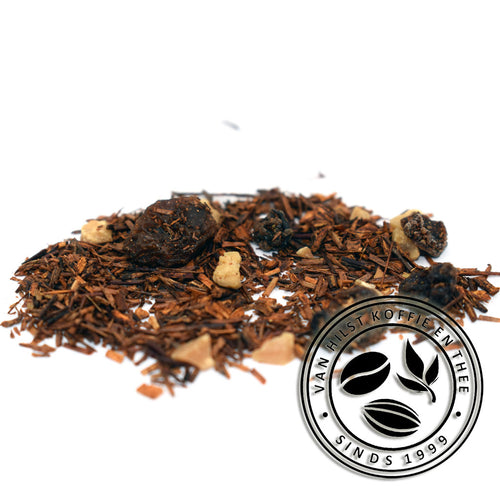 Rooibos met de smaak van amandelmarsepein en boerenjongens. Ingrediënten: Rooibos, rozijnen, amandel, aroma.