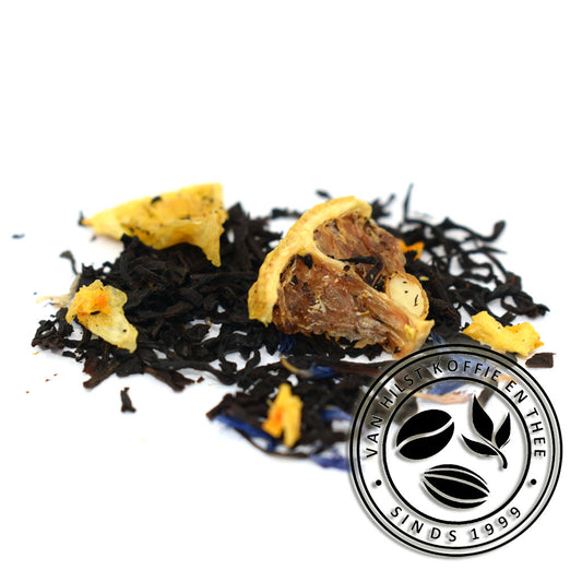 Zwarte thee met sinaasappel en korenbloemblaadjes, verrijkt met bergamot en limoen.