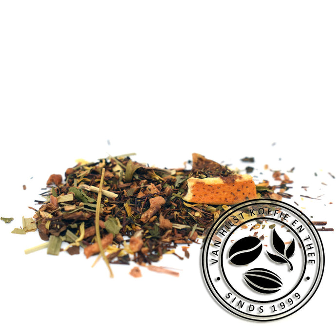 Appel, rooibos, citroengras, gemberwortel, citroenmelisseblad, aroma, sinaasappelschil, verbenablad, hennepzaad, goudsbloem.