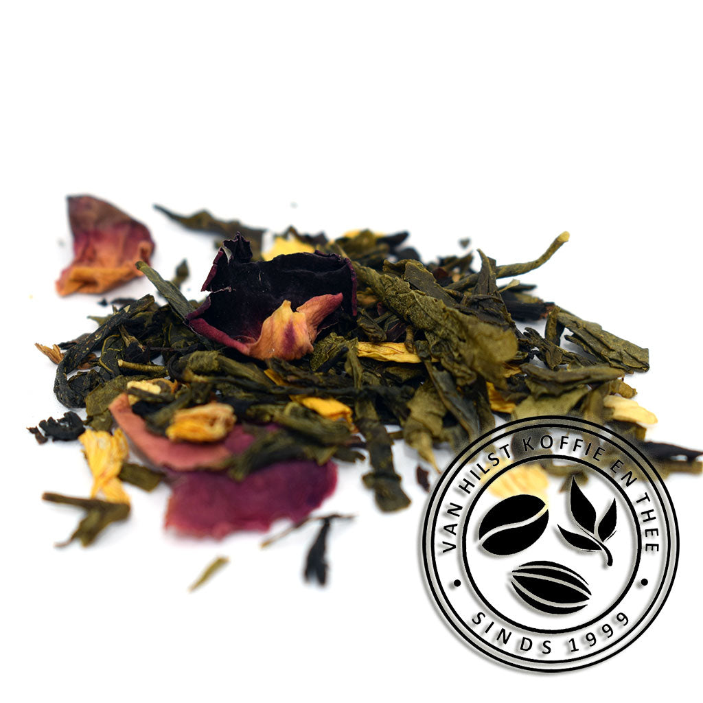 Zwarte thee vermengd met groene thee met zonnebloembloesem, jasmijnbloesem en een aroma van perzik.