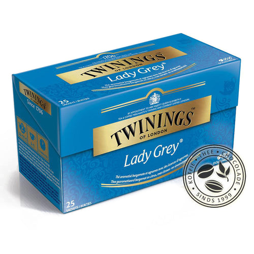 Blauw doosje Twinings Lady Grey met 25 theezakjes. Opschrift: Twinings of London, Lady Grey, Thee gearomatiseerd met bergamot en citrus, met citroen en sinaasappelsmaak.