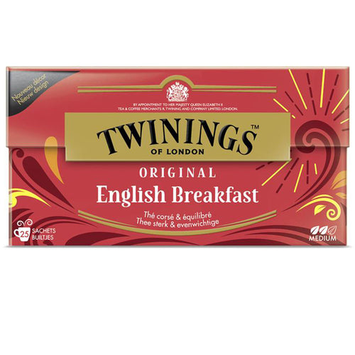 Rood doosje Twinings English Breakfast. Opdruk: Twinings of London, Original English Breakfast. Thee sterk & evenwichtig. 25 theezakjes.